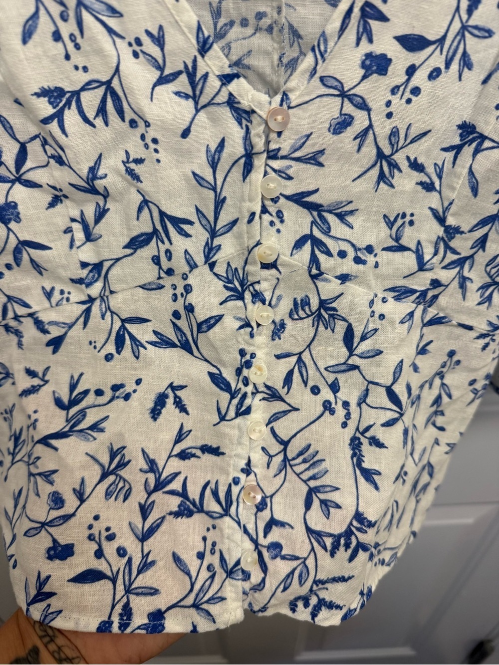 H&M Women Floral Puff Sleeve Linen Blend Crop Top M Blue White Boho Cottagecore - Picture 4 of 9
